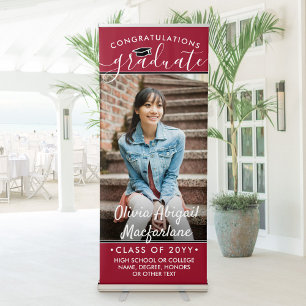 Graduation Photo Elegant Script Large Red Vertical Retractable Banner