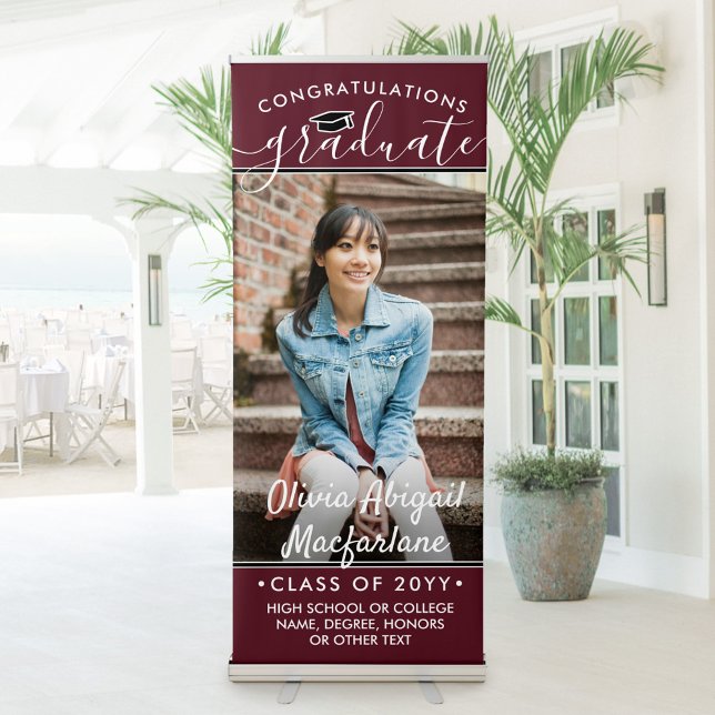 Graduation Photo Elegant Script Maroon Vertical Retractable Banner (Creator Uploaded)