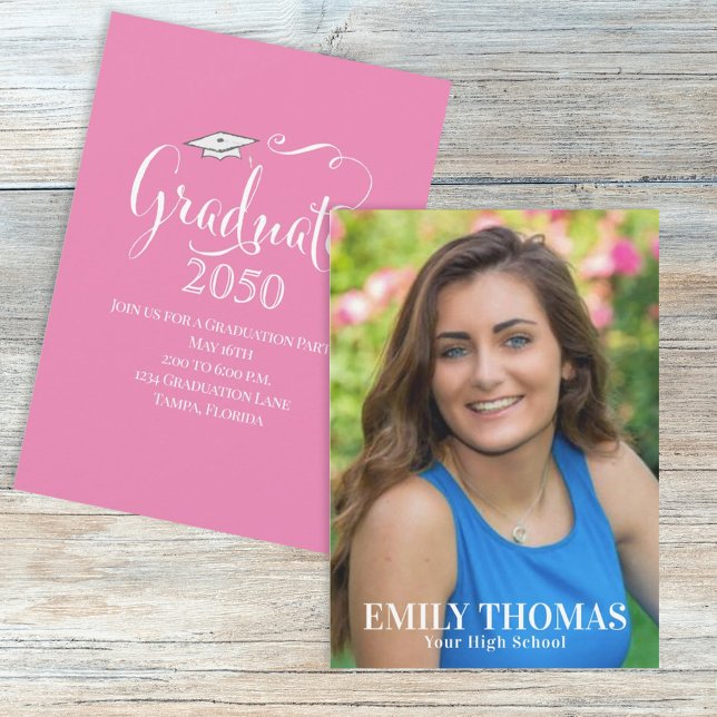 Graduation Photo Elegant Script Minimalist Pink Invitation (Creator Uploaded)