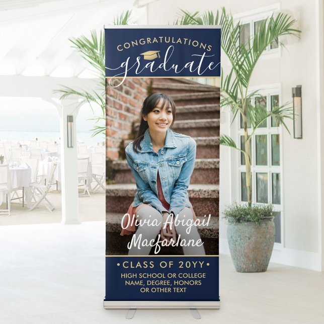 Graduation Photo Elegant Script Navy Blue and Gold Retractable Banner (Creator Uploaded)