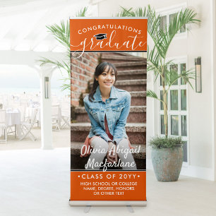 Graduation Photo Elegant Script Orange Vertical Retractable Banner