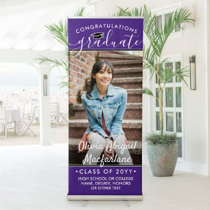 Graduation Photo Elegant Script Purple Vertical Retractable Banner