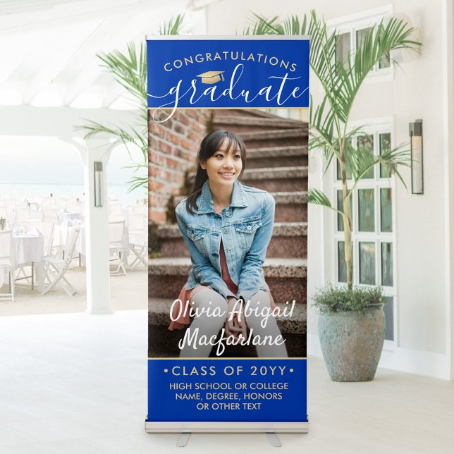 Graduation Photo Elegant Script Royal Blue & Gold Retractable Banner (Creator Uploaded)
