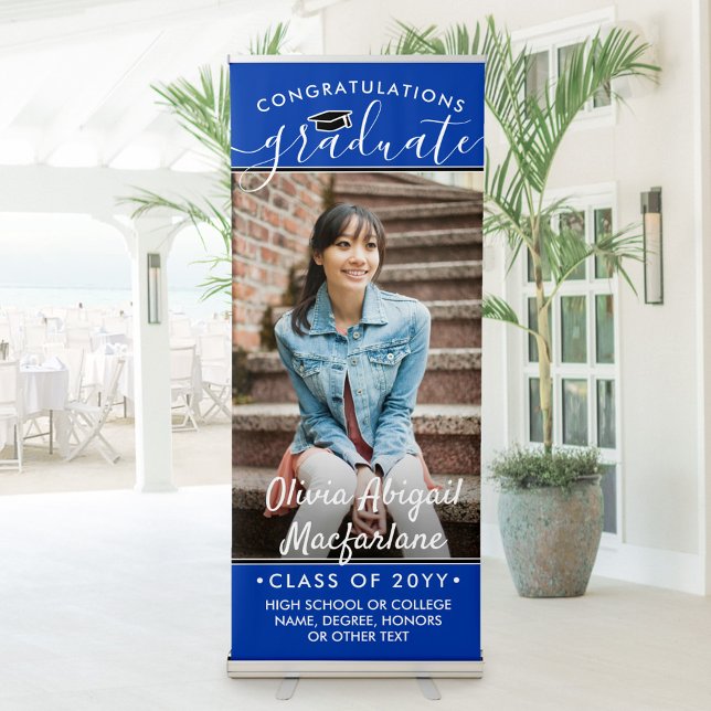 Graduation Photo Elegant Script Royal Blue & White Retractable Banner (Creator Uploaded)