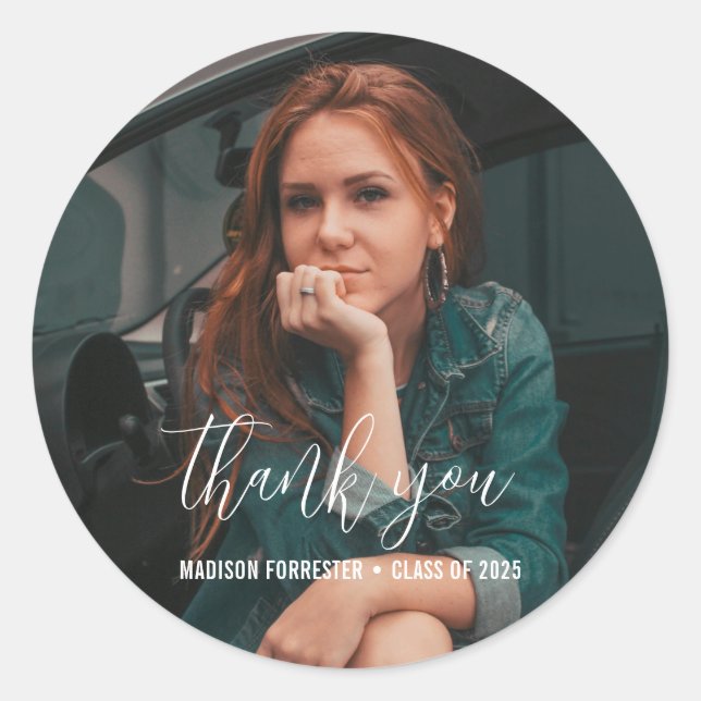 Graduation Photo | Elegant Thank You Script  Classic Round Sticker (Front)