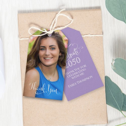 Graduation Photo Elegant Thank You Script Purple Gift Tags