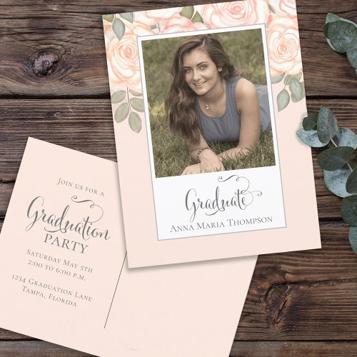 Graduation Photo Elegant Watercolor Blush Floral Postcard