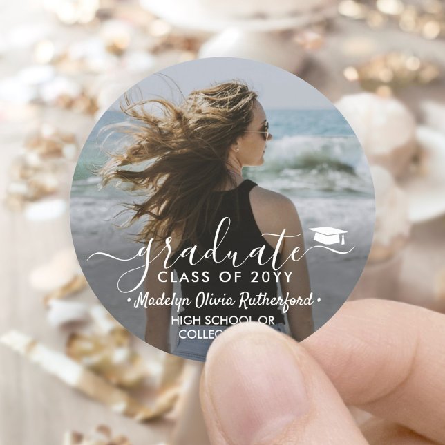 Graduation Photo & Elegant White Script Class Year Classic Round Sticker (Creator Uploaded)