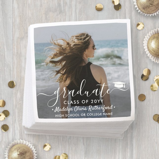 Graduation Photo & Elegant White Script Class Year Napkins (Creator Uploaded)