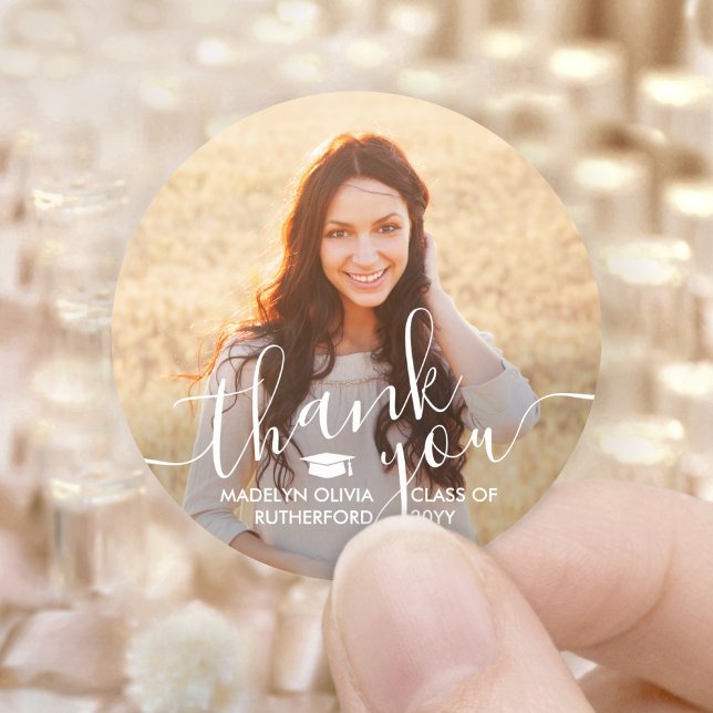 Graduation Photo & Elegant White Script Thank You Classic Round Sticker (Creator Uploaded)
