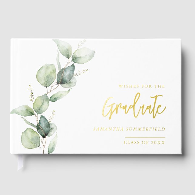 Graduation Photo Eucalyptus Script Gold Foil Guest Book (Front)