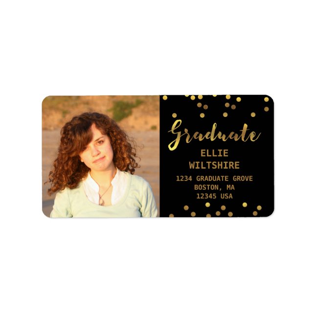 Graduation Photo Faux Gold Foil Confetti Black Label (Front)