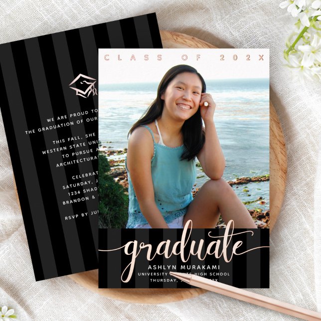 Graduation photo girly script black real rose gold foil invitation (Creator Uploaded)