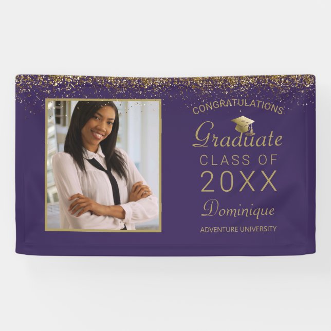 Graduation Photo Gold Glam Script Grad Cap Purple Banner (Horizontal)