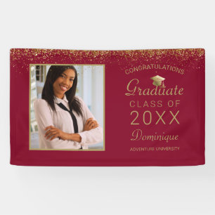 Graduation Photo Gold Glam Script Grad Cap Red Banner
