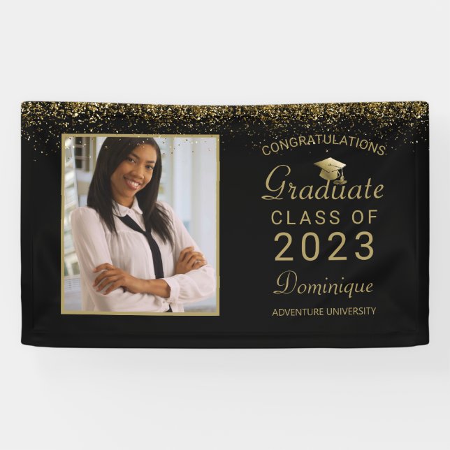 Graduation Photo Gold Glitter Script Grad Cap 2023 Banner (Horizontal)