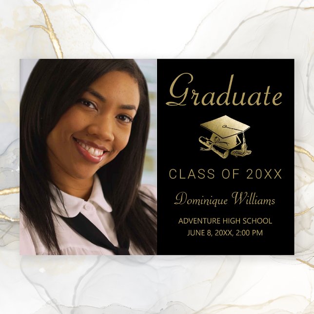 Graduation Photo Gold Grad Cap Diploma Black Announcement (Black with Gold Script and Cap Photo Graduation Announcement)