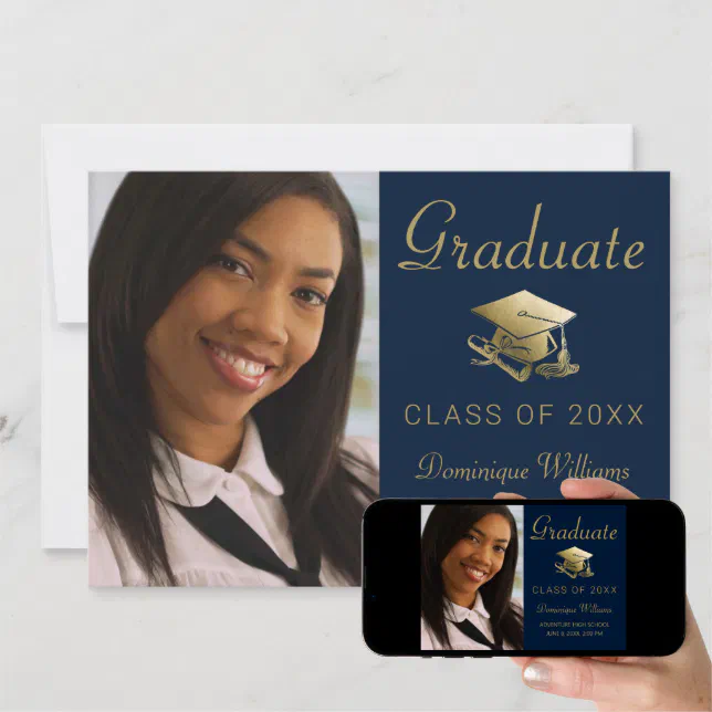 Graduation Photo Gold Grad Cap Diploma Blue Announcement | Zazzle