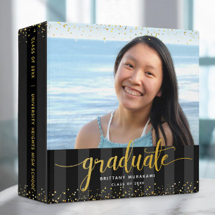 Graduation photo gold script black stripe keepsake 3 ring binder
