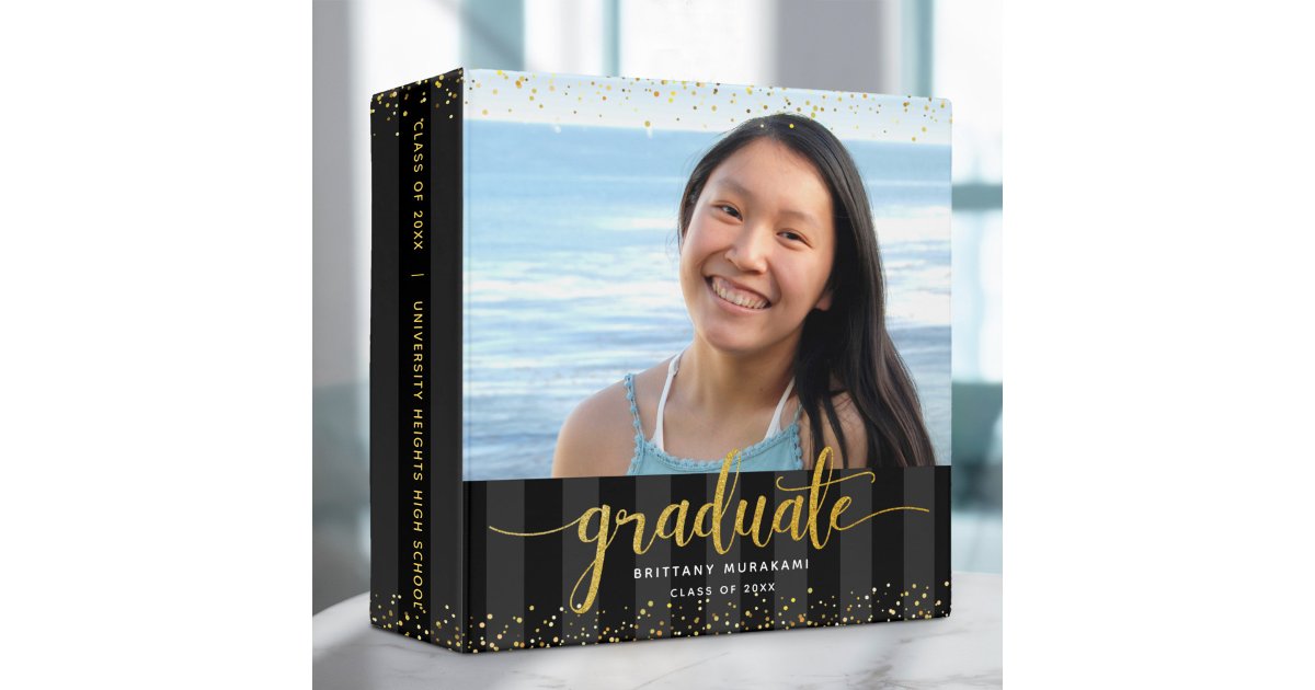Binder Graduating Class Graduation photo gold script black stripe keepsake 3 ring binder | Zazzle