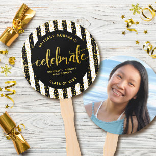 Graduation photo gold script black stripe keepsake hand fan