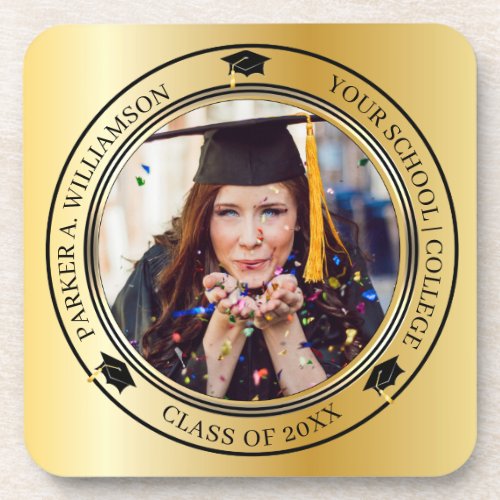 Graduation Photo Gold Tone Grad Cap Class Year  Beverage Coaster