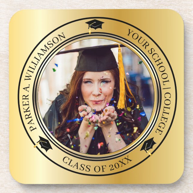Graduation Photo Gold Tone Grad Cap Class Year  Beverage Coaster (Front)