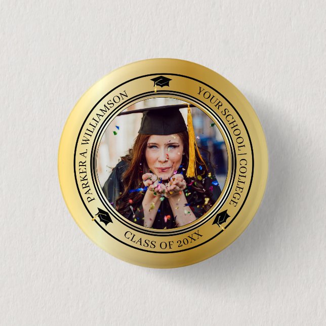 Graduation Photo Gold Tone Grad Cap Class Year  Button (Front)