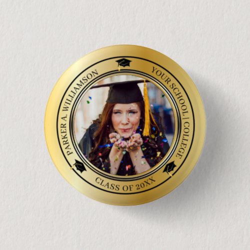 Graduation Photo Gold Tone Grad Cap Class Year  Button