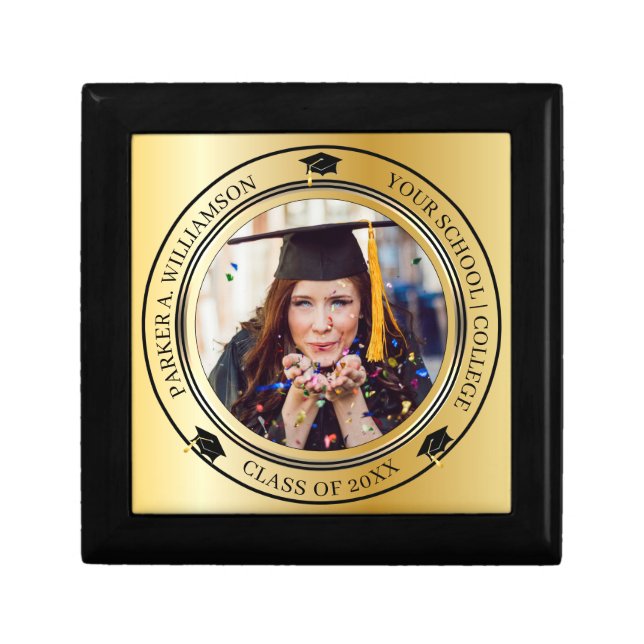 Graduation Photo Gold Tone Grad Cap Class Year Gift Box (Front)