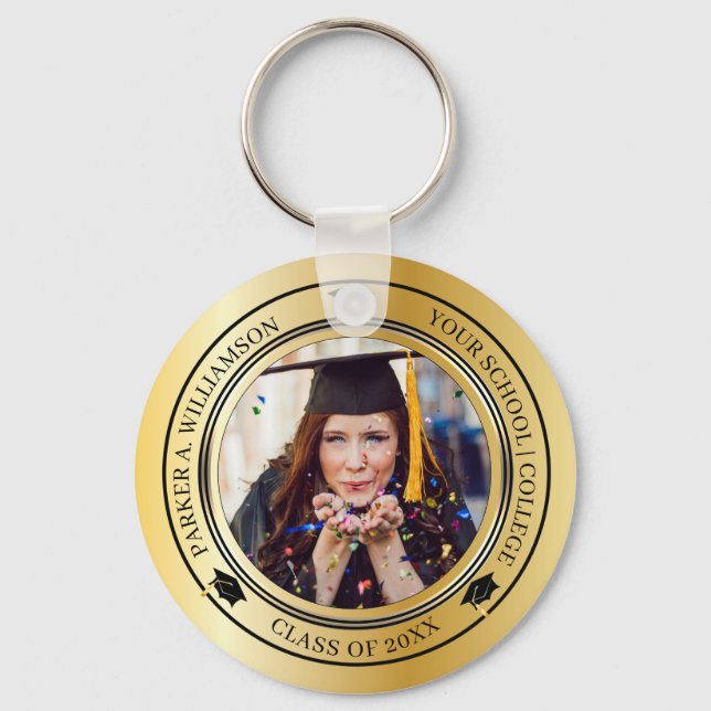 Graduation Photo Gold Tone Grad Cap Class Year Keychain (Front)