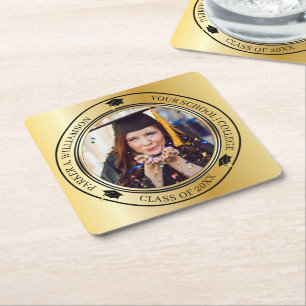 Graduation Photo Gold Tone Grad Cap Class Year Square Paper Coaster