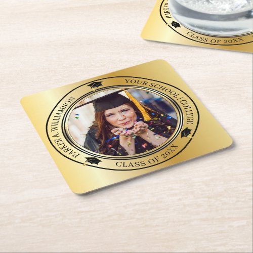 Graduation Photo Gold Tone Grad Cap Class Year Square Paper Coaster