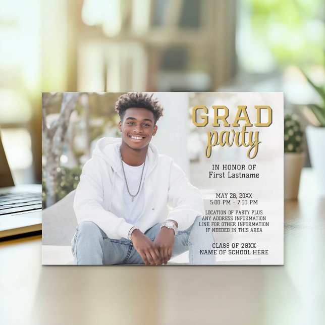 Graduation Photo - Grad Party Script Gold Invitation (Graduation Party Invitation with Photo)