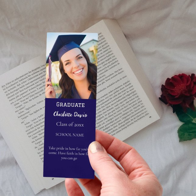 Graduation photo graduate motivational quote blue bookmarks (Creator Uploaded)