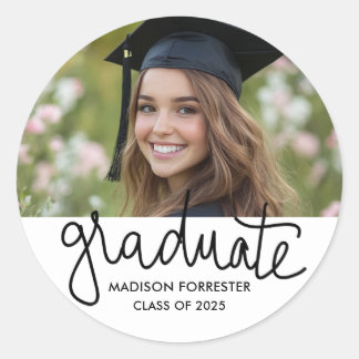 Graduation Photo | Graduate Script  Classic Round Sticker