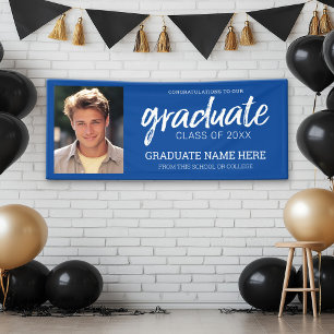 Graduation Photo - Graduate with Royal Blue Party Banner