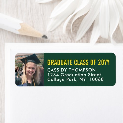 Graduation Photo Green and Gold Return Address Label