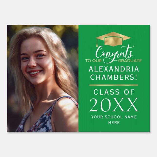Graduation Photo Green Gold Yard Sign (Front)