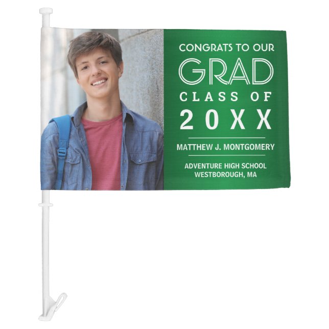 Graduation Photo Green with White Typography Car Flag (Front)