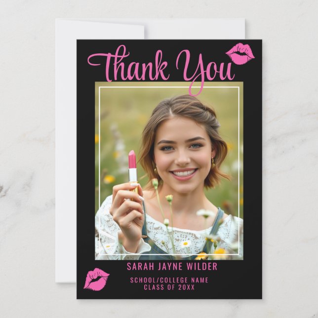 Graduation Photo Hot Pink Lips Thank You Card (Front)