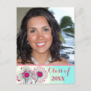 Graduation Photo Invitation Pink Blue Aqua Floral Postcard