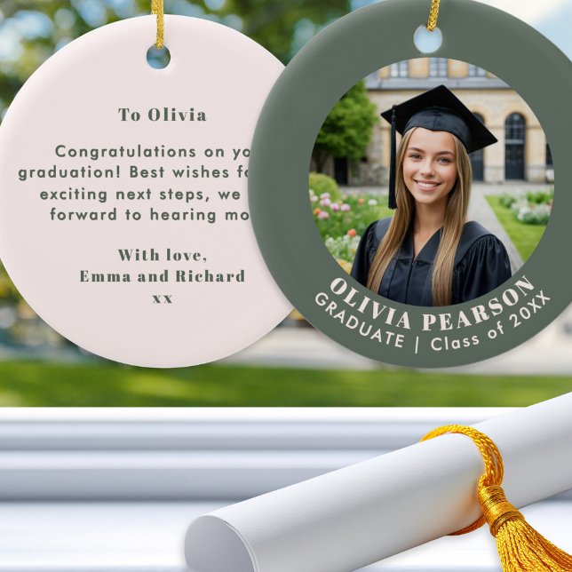 Graduation Photo Keepsake Personalized Green Pink Ceramic Ornament (A graduation ornament in sage green and blush pink, with photo, name, year and custom message)