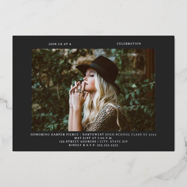 Graduation Photo Line Art Dark Gray Foil Invitation (Front)