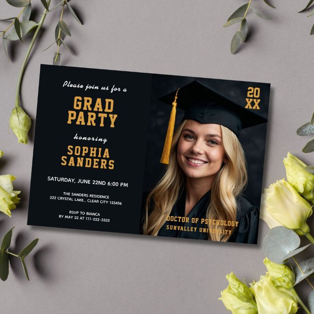 Graduation Photo Magazine Style Design Invitation (Modern graduation photo invite with clean black and gold magazine-style layout)