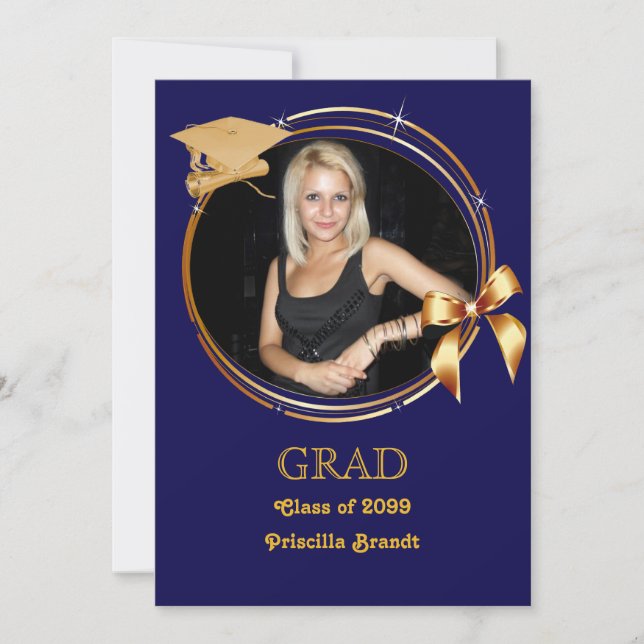 Graduation, photo, marine, gold, frame, grad hat invitation (Front)