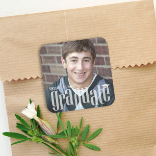 Graduation Photo Minimalist Modern Typography Square Paper Coaster