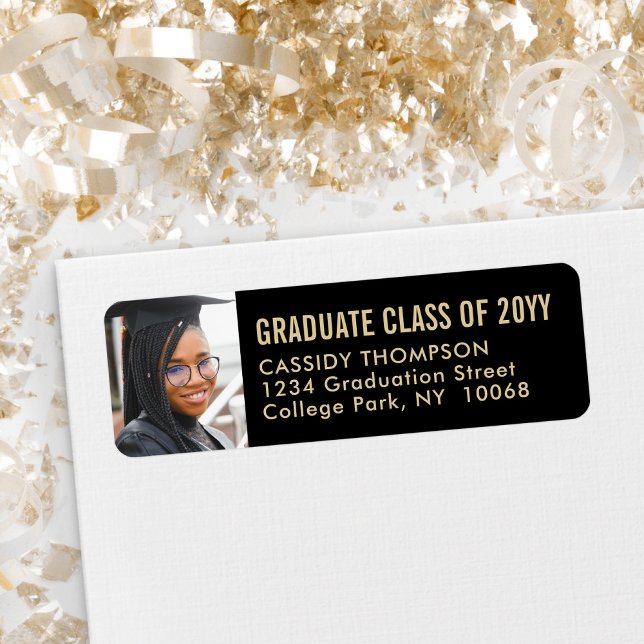 Graduation Photo Modern Black Gold Return Address Label (Creator Uploaded)