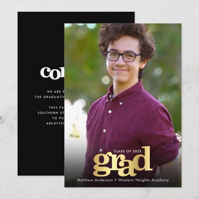Graduation photo modern black gold typography announcement (Front/Back)