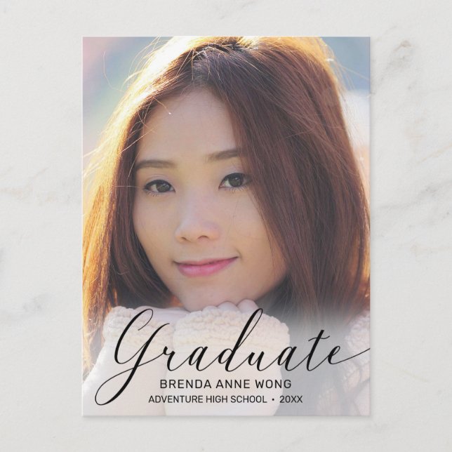 Graduation Photo Modern Black Script 2023 Announcement Postcard (Front)